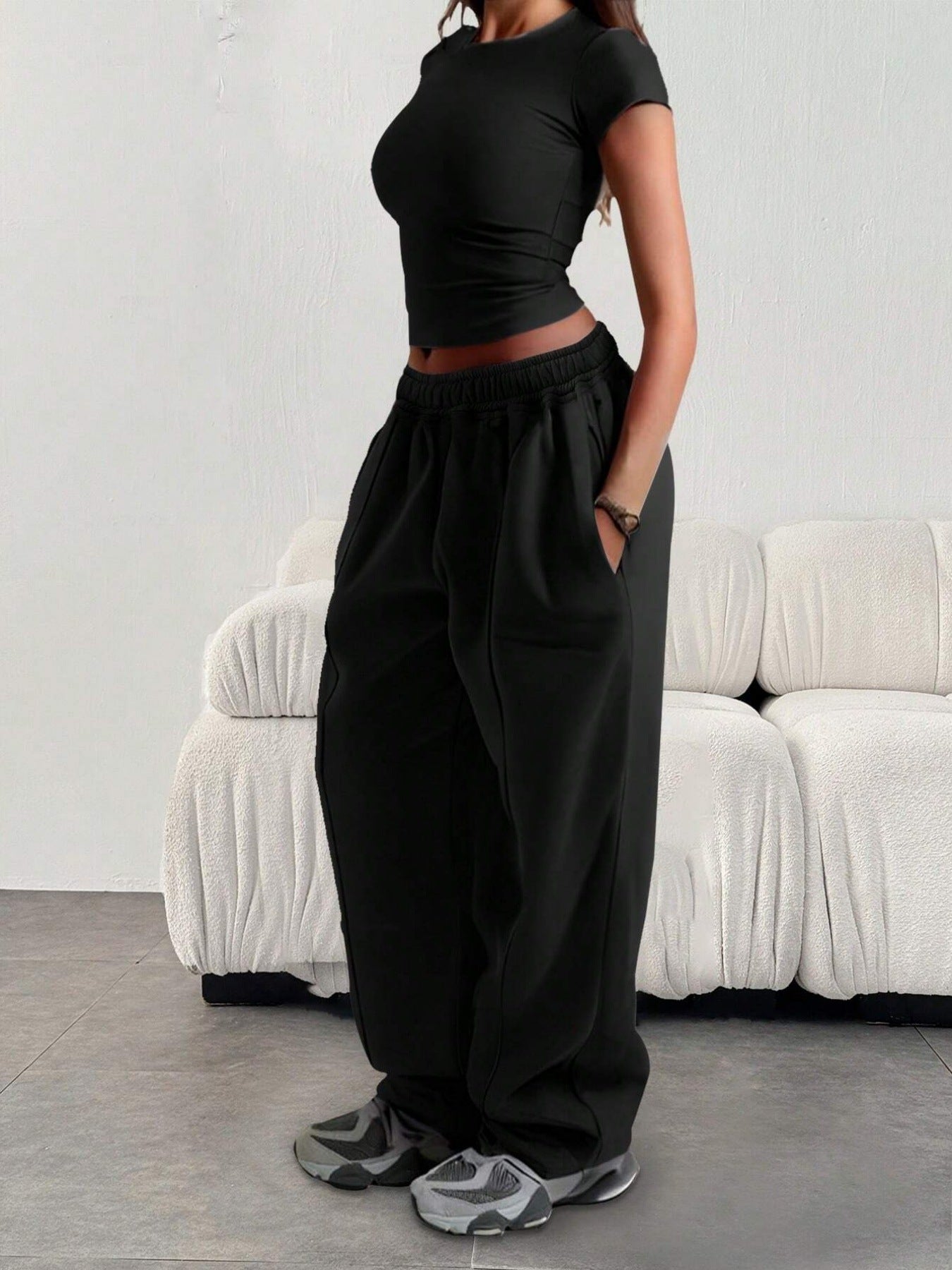 European And American-style Solid-color Waist-cinching Slimming Straight-leg Pants
