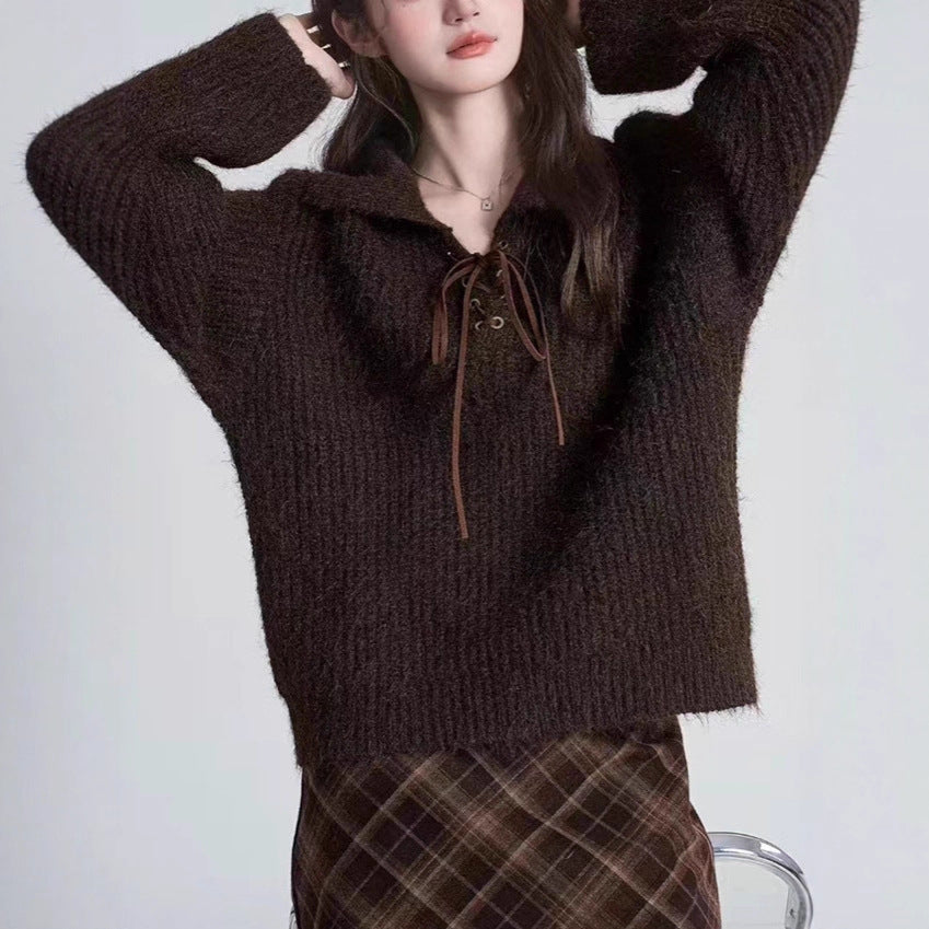 Loose Top Vintage Lace-up Polo Collar Women's Sweater