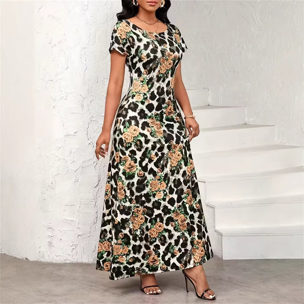 Leopard-Print Rose Floral Fashionable Elegant Waist-Cinching Slimming Dress