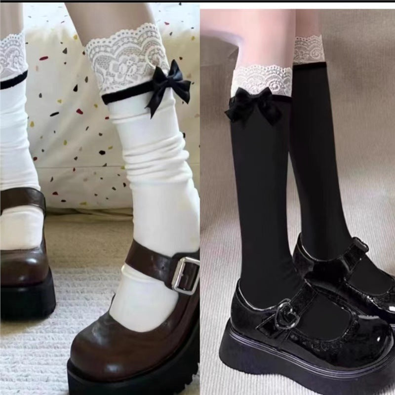 Lace-trimmed Breathable Calf Socks With A Bow Detail