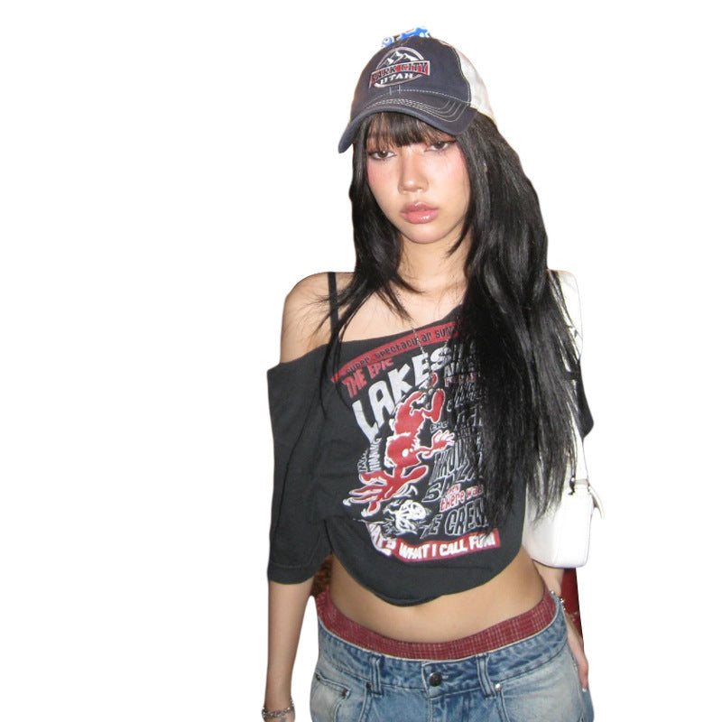 Womens Sexy Chic Off Shoulder Hollow Out Printed Crop Top