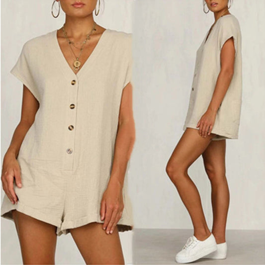 European And American Fashion Button V-neck Loose Short Sleeve One-piece
