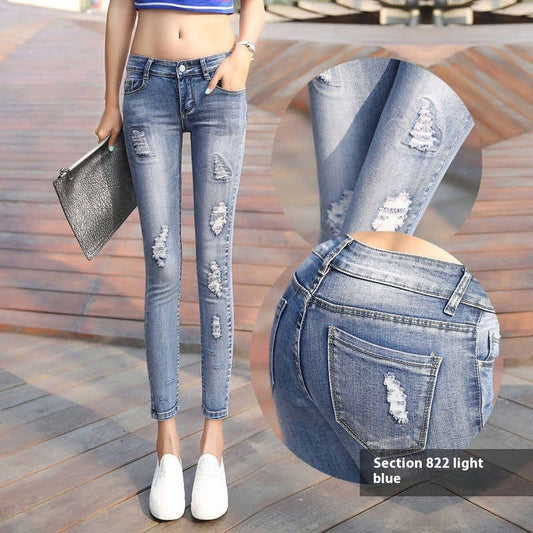 Cropped Jeans Women's Skinny Stretch Tight Ripped Pencil Pants
