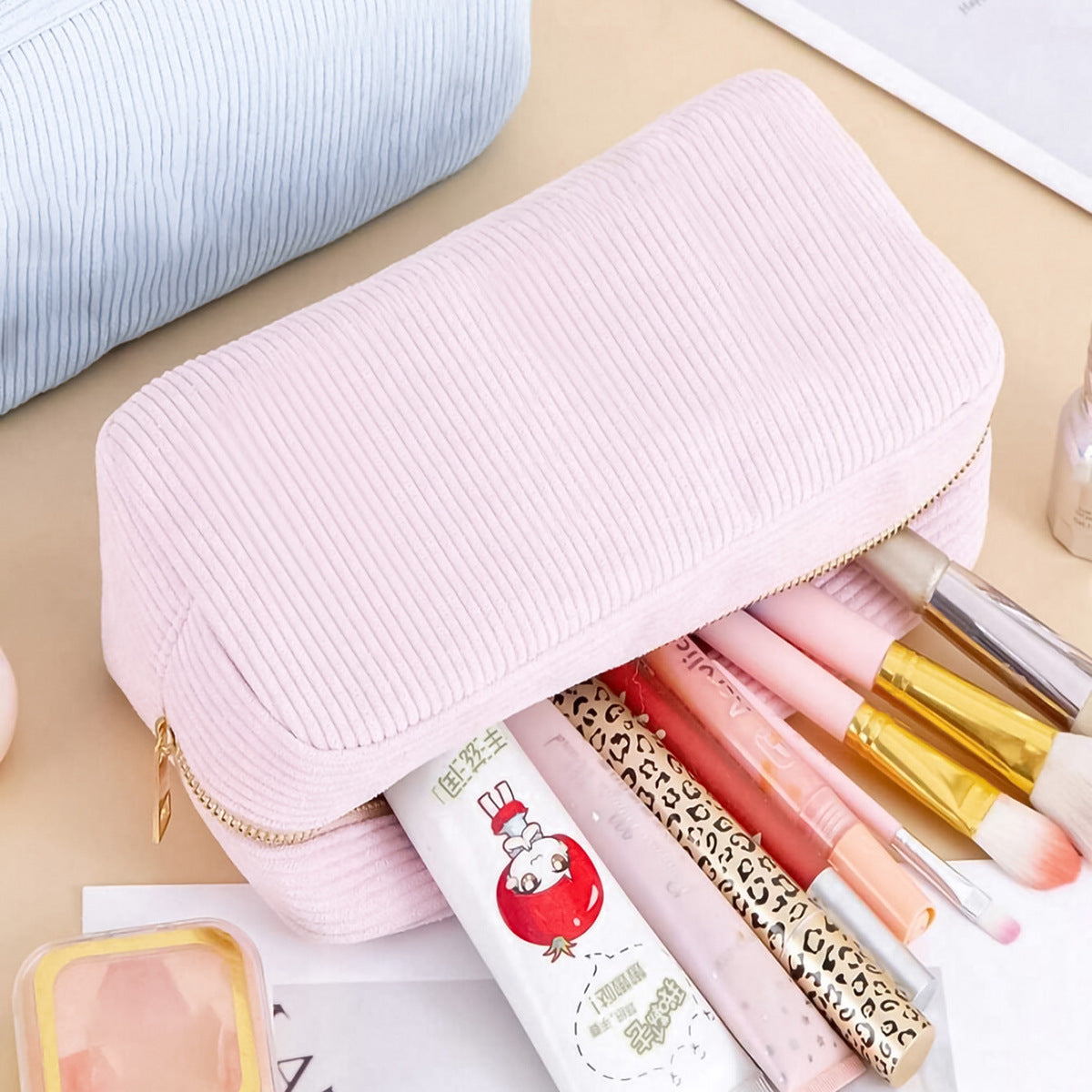 Large Capacity Portable Vertical Stripe Corduroy Cosmetic Bag