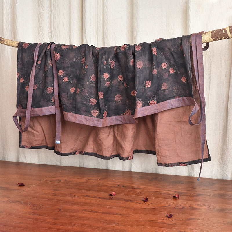Retro High Waist Printing Crafts Linen Wrap Tie-shoulder Floral Skirt