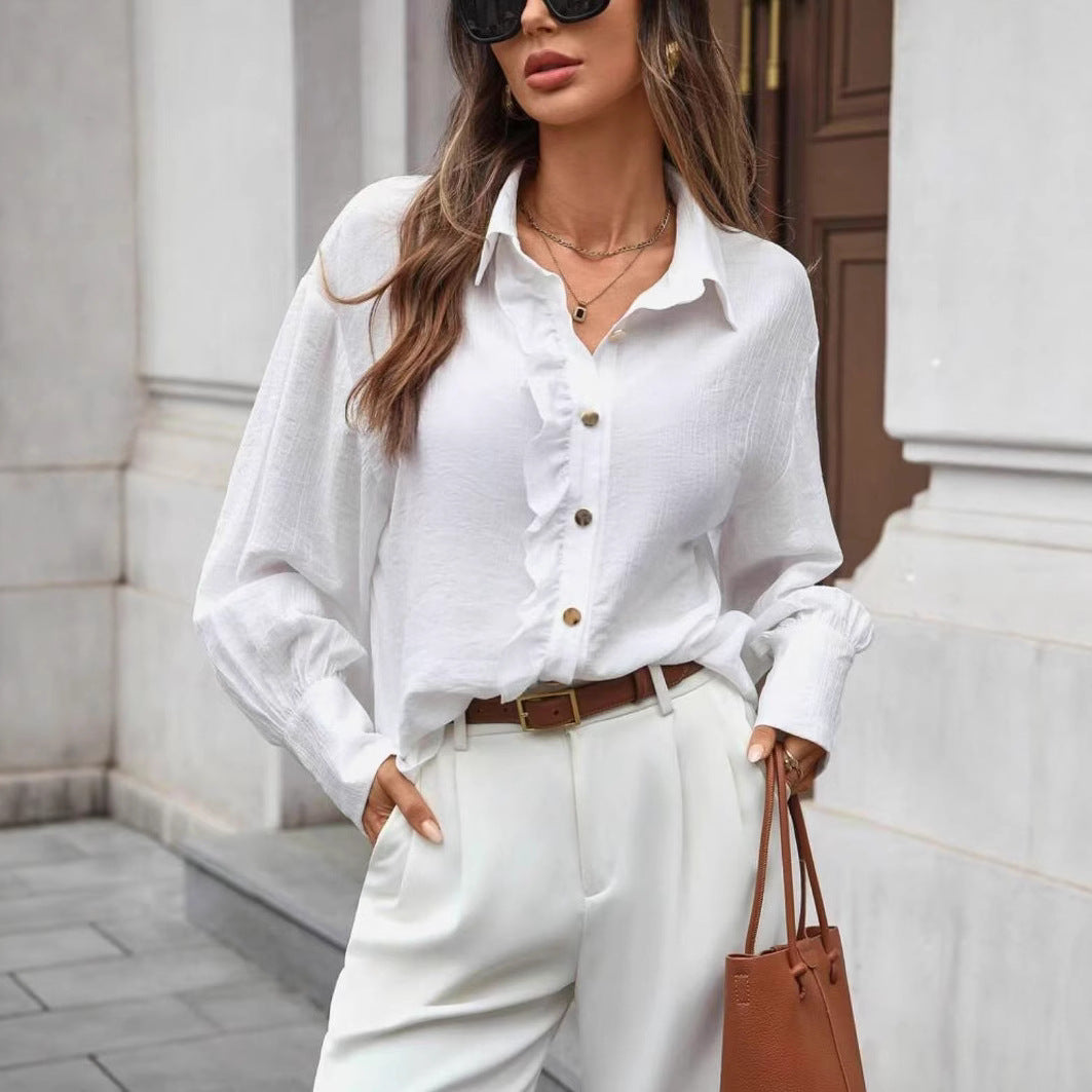 Solid-Color Long-Sleeve Shirt With Front Button Details