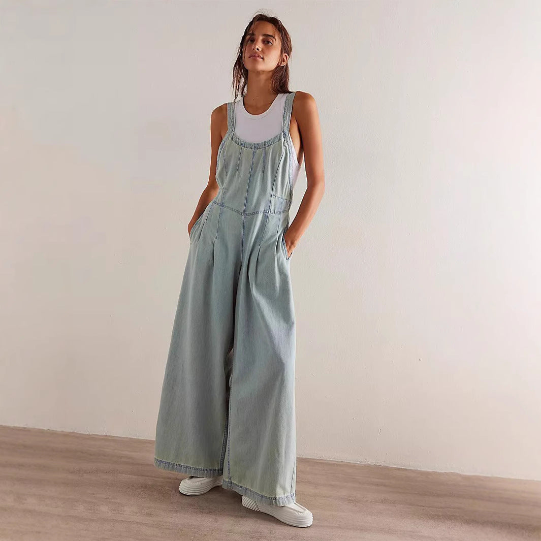 Denim Pocket Loose Wide Leg Overalls