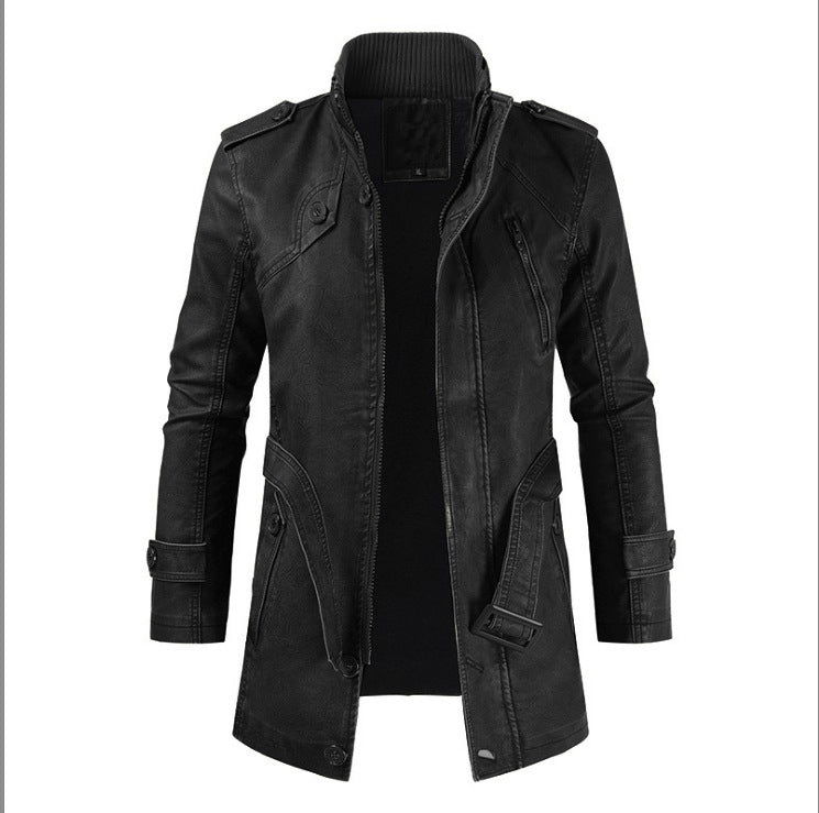 Trendy casual men's mid-length slim-fit cold-proof leather jacket