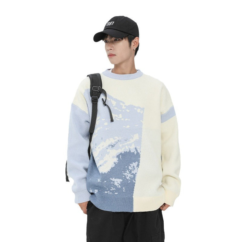 Men's Landscape Painting Color Matching Color Contrast Round Neck Sweater
