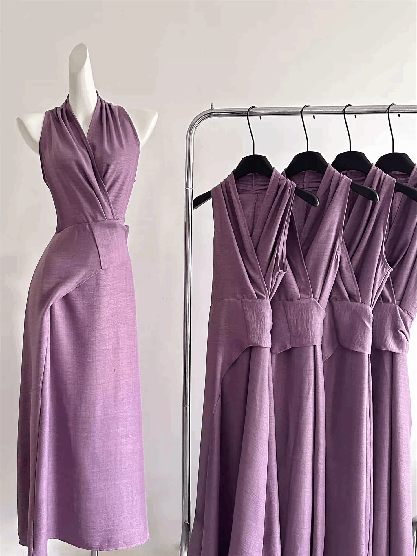 Overlap Neck Wrap Style Sleeveless Dress With A Soft Flowing Drape