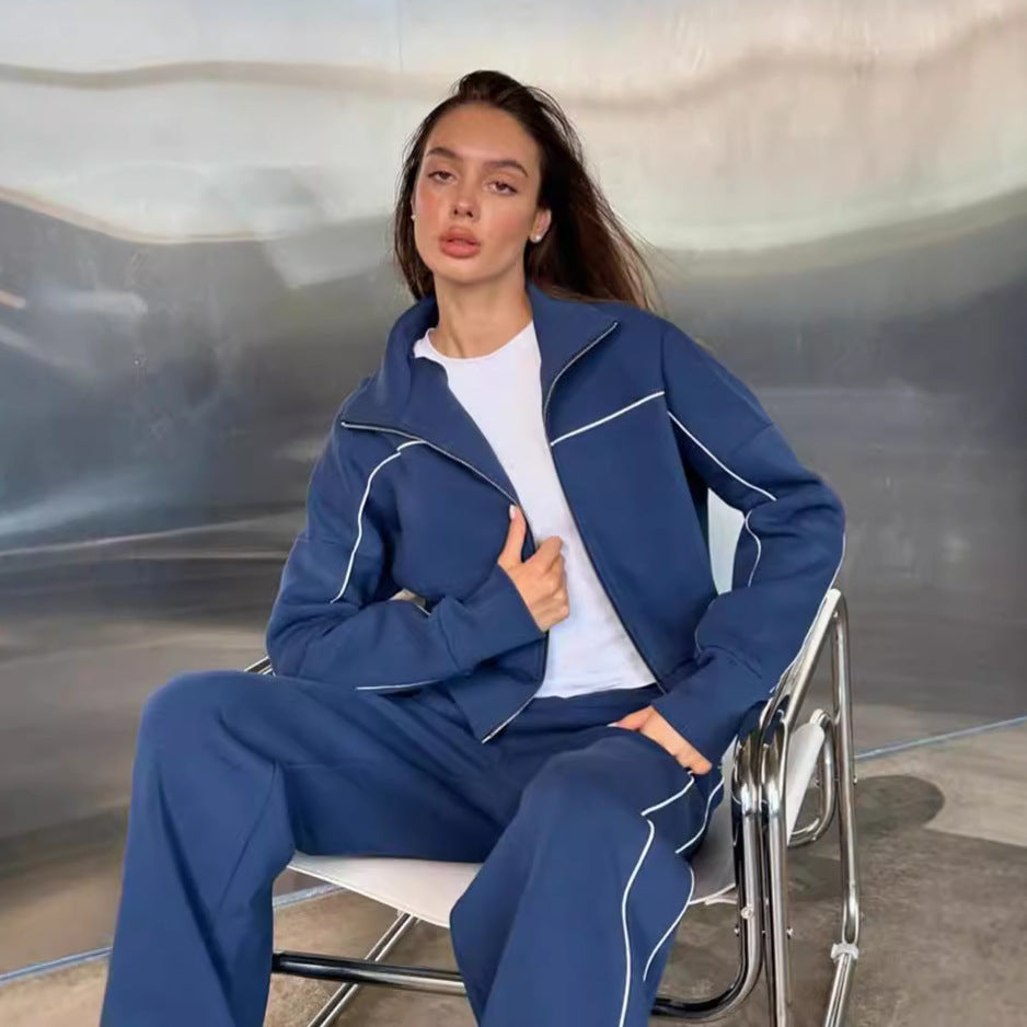 Long Sleeve Zipper Sweater Coat Striped Trousers With An Elasticated Waist Casual Suit