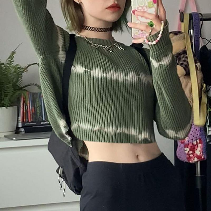 Avocado Green Tie-DyeCasual Loose Long Sleeve Pullover Short Knit Sweater