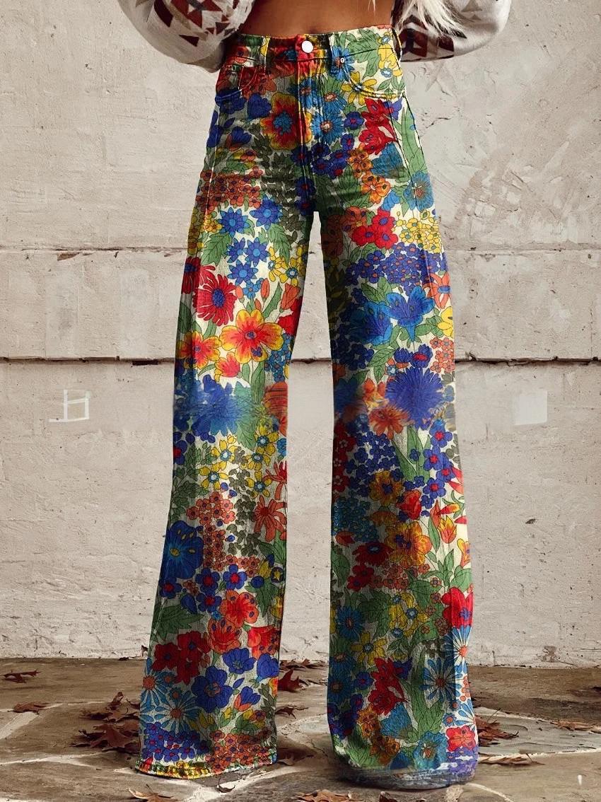 printed Retro Sunflower Guitar Art-style Womens Wide-leg Flared Denim Jeans 3D