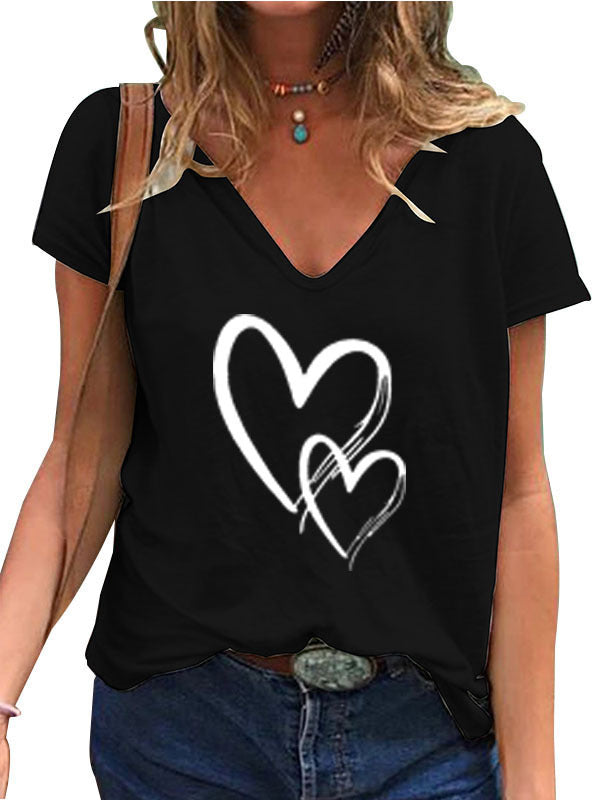 V-neck Loose Casual Heart Printing T-shirt