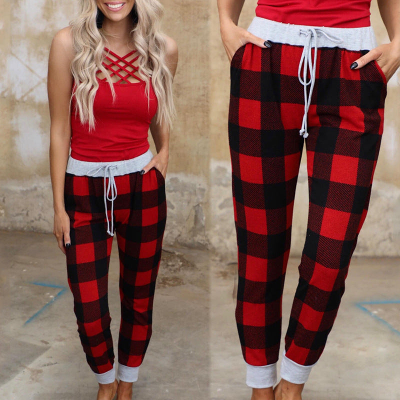 Christmas Print Plaid Lace-Up Slacks