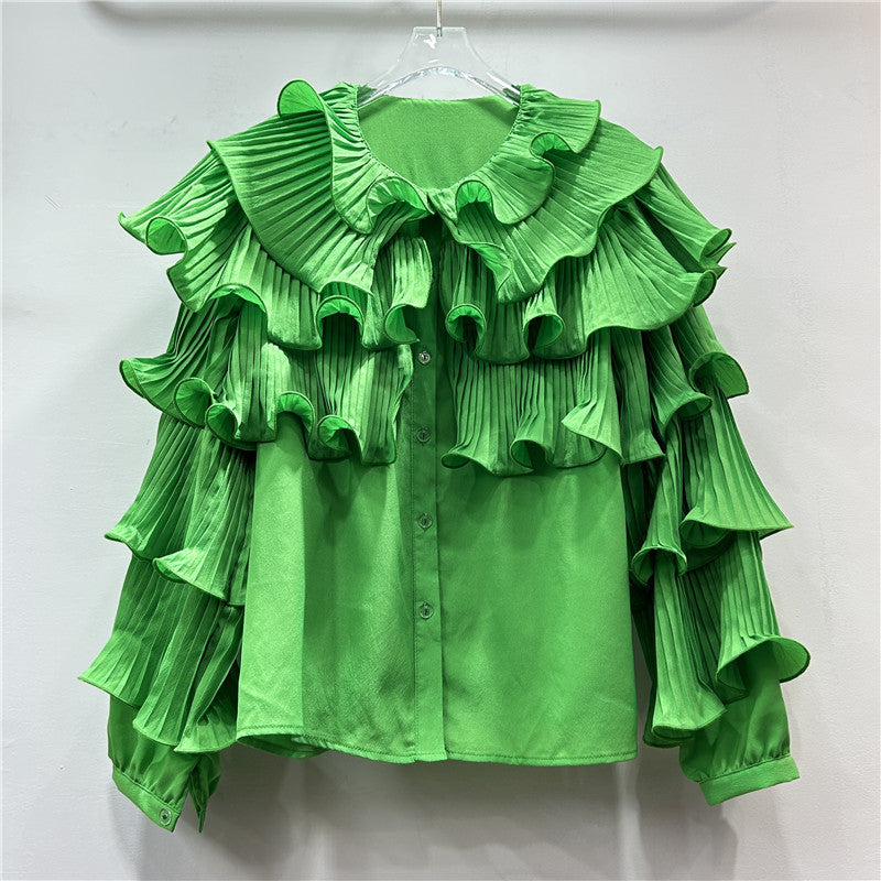 Korean Style Light Luxury Socialite Bubble Sleeve Ruffled Loose Chic Design Adult Lady Like Woman Temperament Top