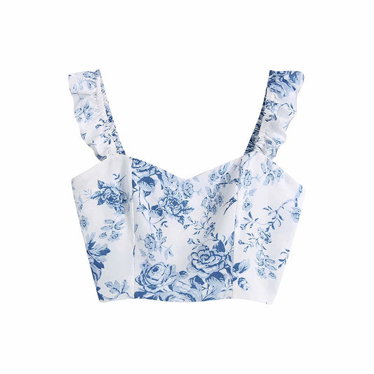 Retro Blue And White Porcelain Print Ruffle Sleeve Suspender Short Top
