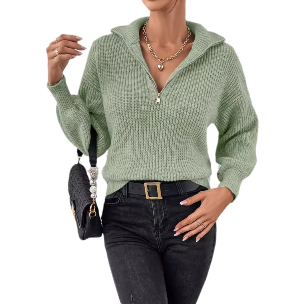 Women's Zipper Pullover Solid Color Loose Casual Long Sleeves Sweater