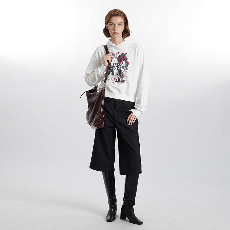 Letter Printed Hoodie Women's Retro Hooded Short