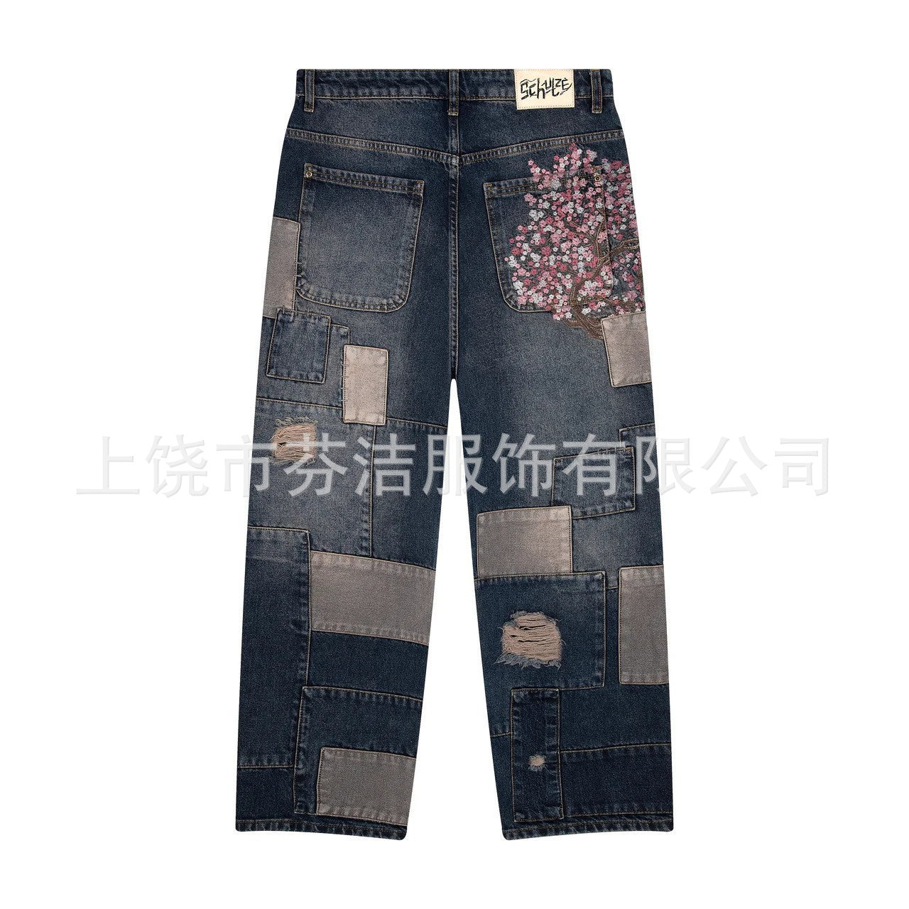 Digital-print Floral Faux Denim Straight-leg Floor-length Pants 3D