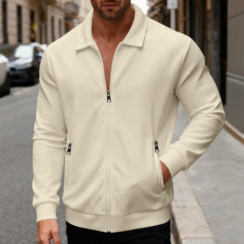 Men's Waffle-Weave Lapel Zip-Up Long-Sleeve Jacket