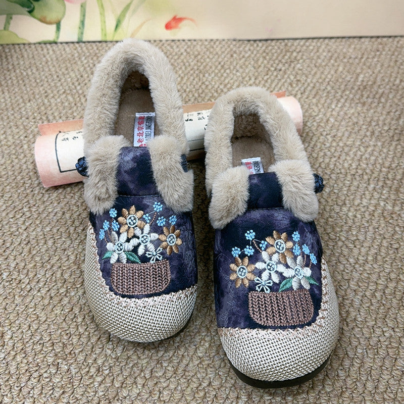 Women's New Chinese-style Thickened Thermal Soft Soled Fleece-lined Embroidered Cotton-padded Shoes