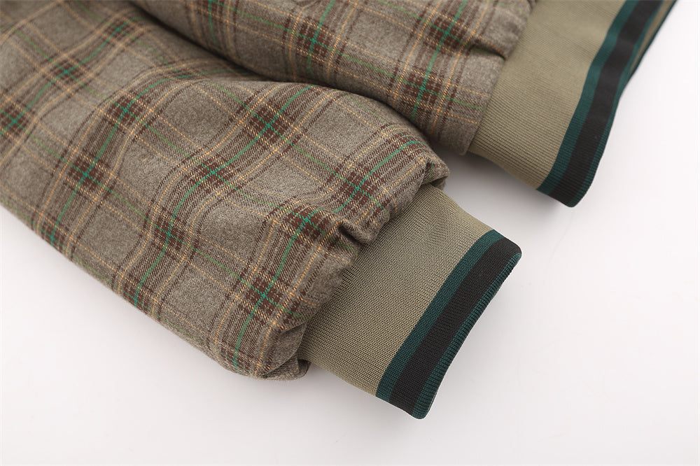 American Retro Plaid Baseball Stand Collar Coat Cotton-padded Jacket