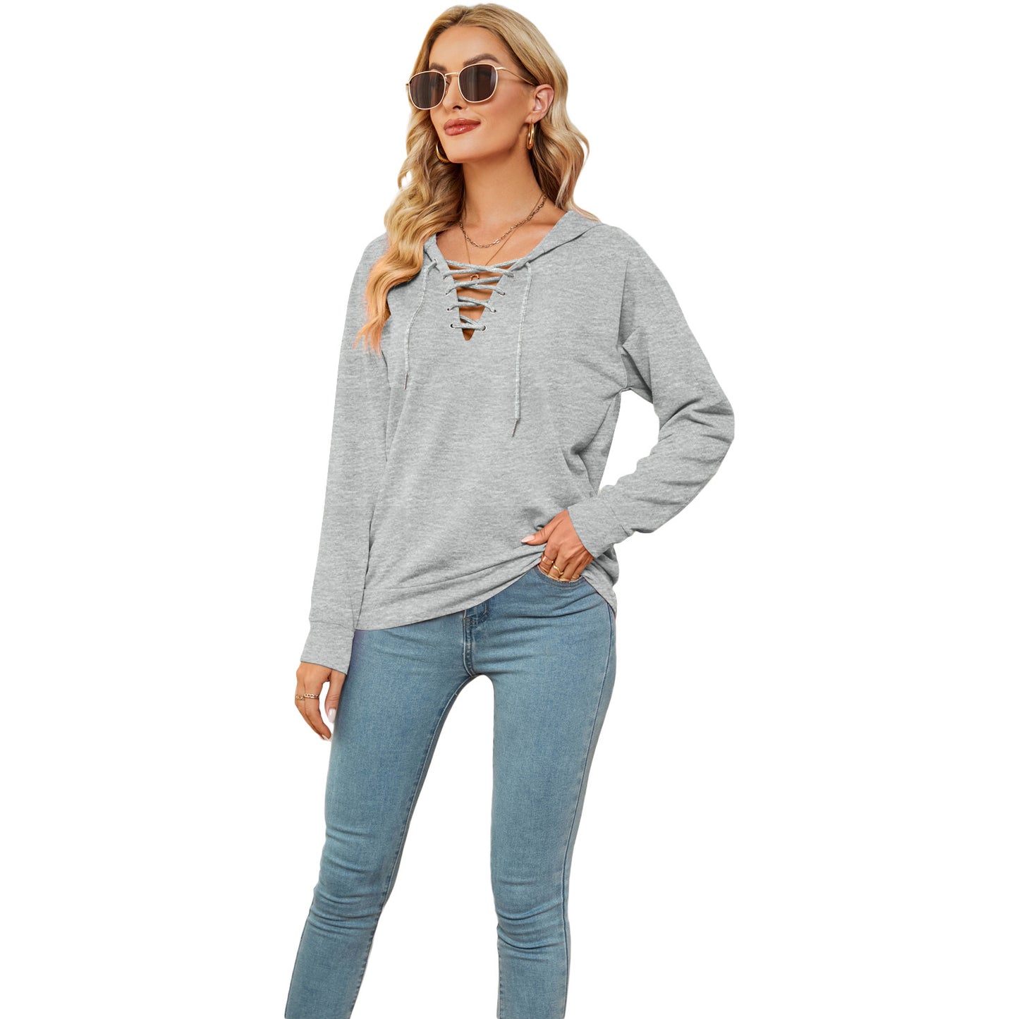 European And American Women's Solid Color Hooded Sweater With Collar Straps