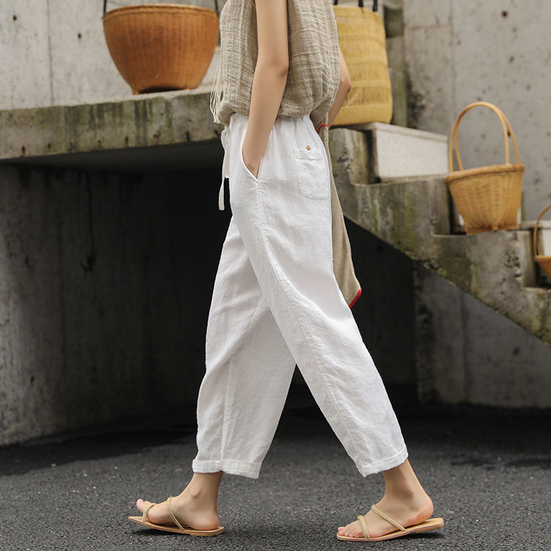 Cropped Pants Loose Anti-cotton Linen Elastic-waist Wide-leg Pants Retro Art And Versatile Casual Pants