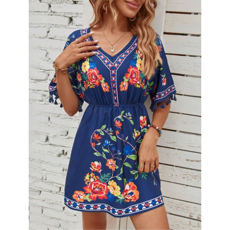 Bohemian Retro Ethnic Print Temperament Waist-controlled Slimming And Short Holiday Dress
