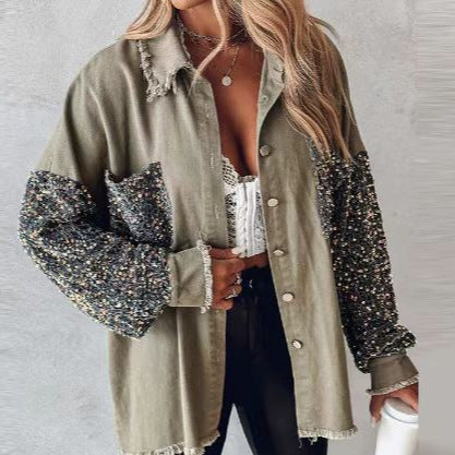 Loose Casual Sequin Denim Tassel Shirt Coat
