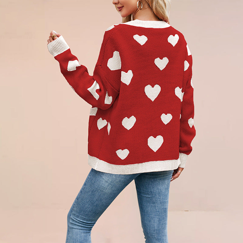 Heart Peach Knitted Cardigan Pocket V-neck Common Style Coat