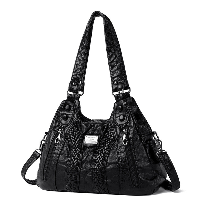 Real Washed Leather Woven Locomotive Commuter Large Capacity Soft Leather Portable Shoulder Bag For Women