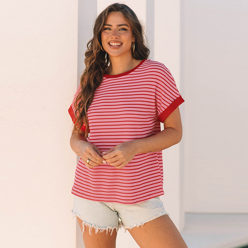 Women's Loose Striped Knitted Short-sleeved T-shirt