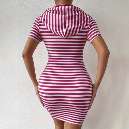 Fashionable Resort-Style Striped Drawstring Hooded Slim-Fit Dress