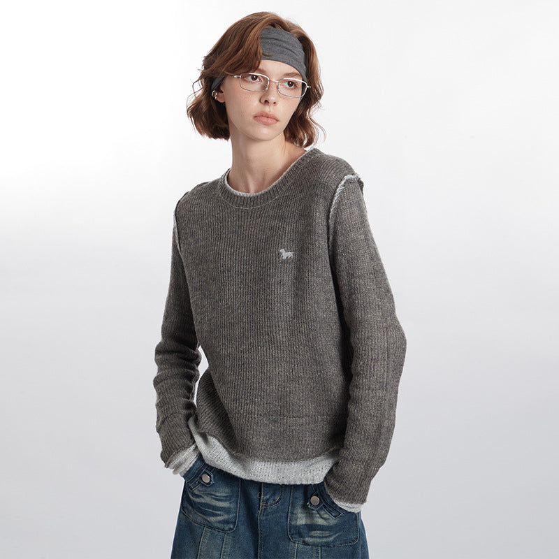 Pullover New Round Neck Stitching Design Knitted Sweater Long Sleeve