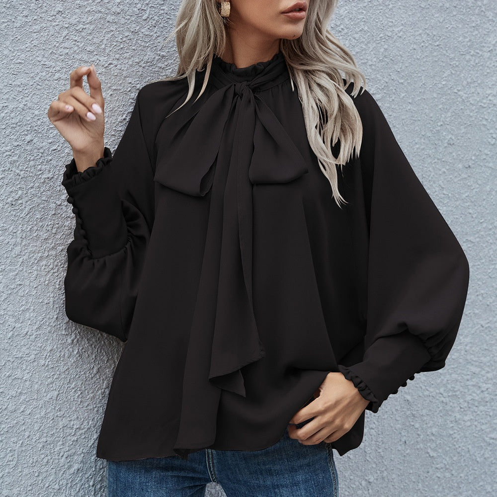 Ins Long-sleeved Blouse Bowknot Puff Sleeves Fashion Commuter Office Tops Women's Clothing