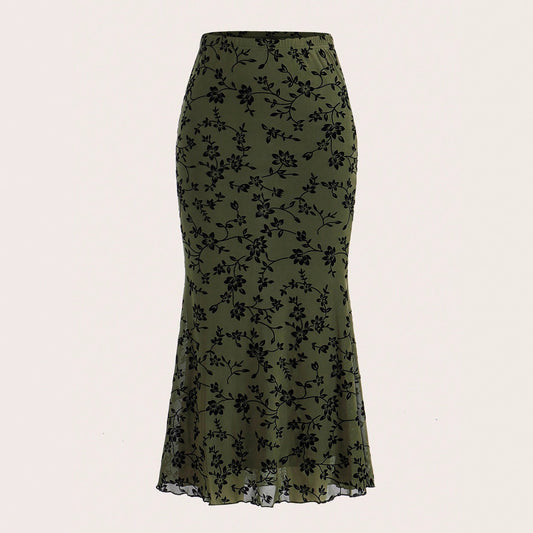 Dark Green Floral Half-length Fishtail Skirt For Women