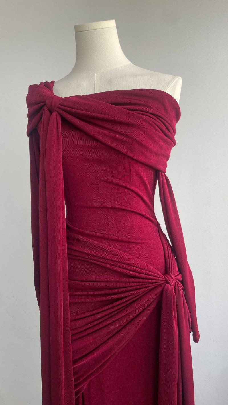 Rare Flowy Yellow Spliced Off-shoulder Dress With Irregular Pleats And Draped Shoulder Detailing