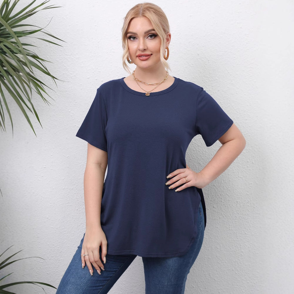 Casual Simple Top Round Neck Split Short-sleeved T-shirt