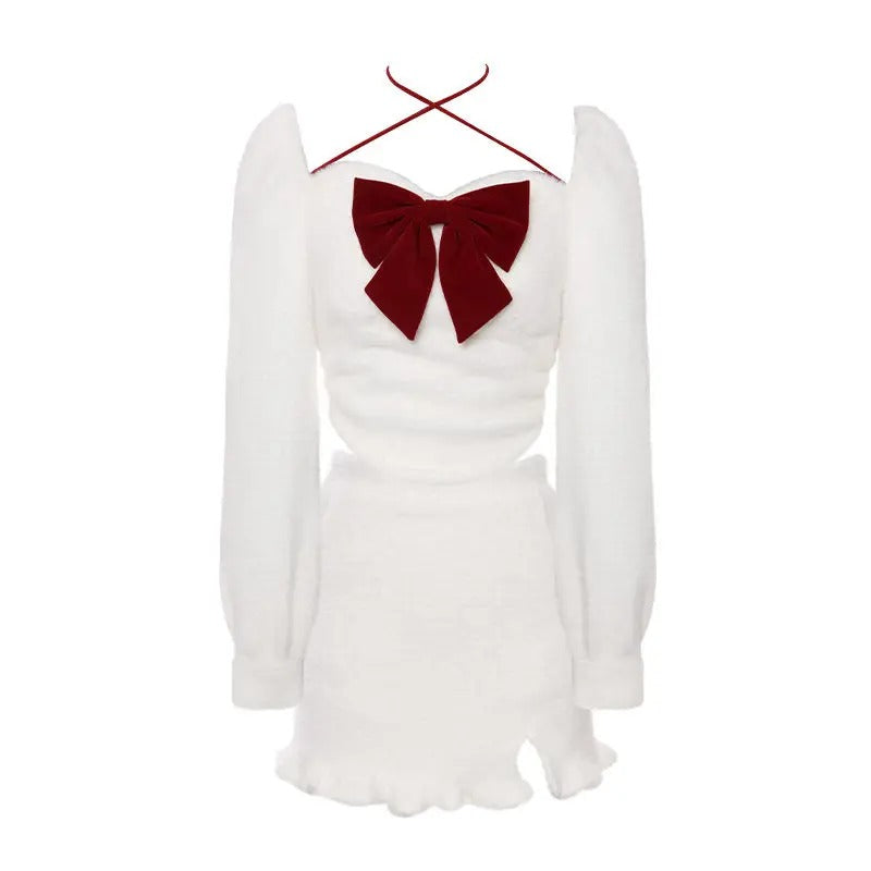 White Bow Top Half Skirt Set For Women