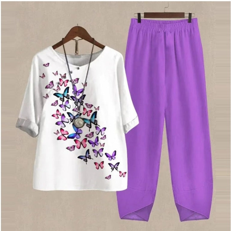 New Women's Five-quarter Sleeve Printed Top Two-piece Pants