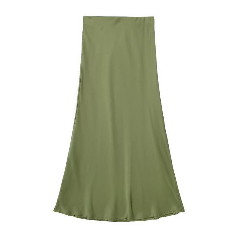 Solid Color Slim Silk Satin Texture Midi Skirt