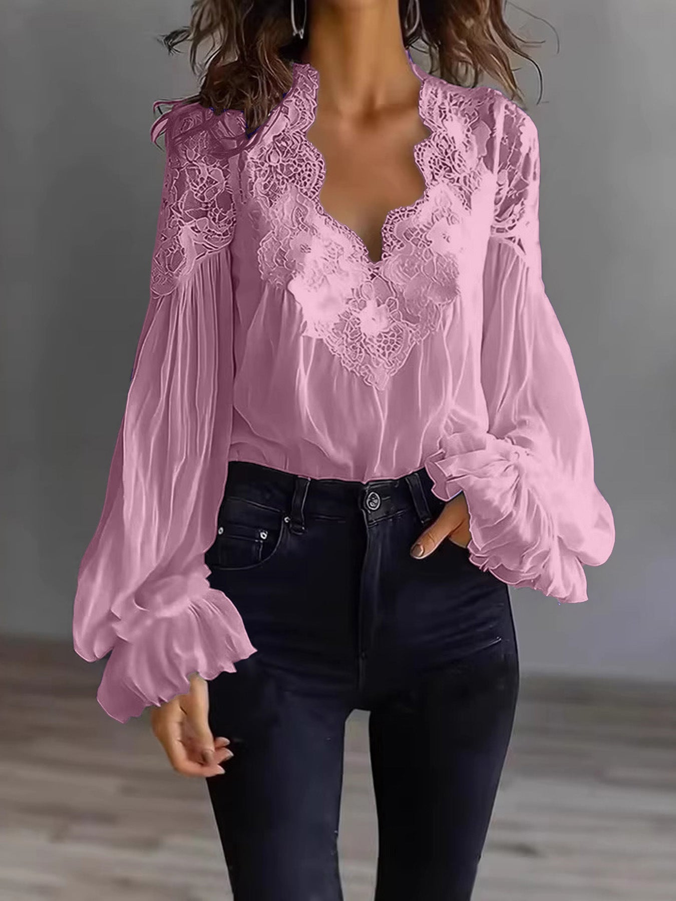Lace-panelled Ruffled Puff-sleeve Pleated Shirt