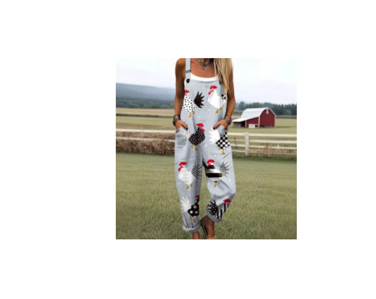 Women's Summer Digital Printing Button Casual Suspender Trousers