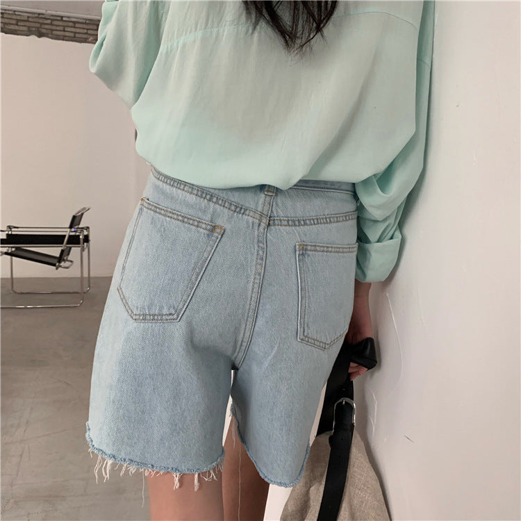 High-waisted Wide-leg Denim Shorts With Raw Edges