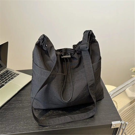 Women's Large Capacity Nylon Tote Bag - Stylish Drawstring Shoulder Bag for Travel and Casual Use