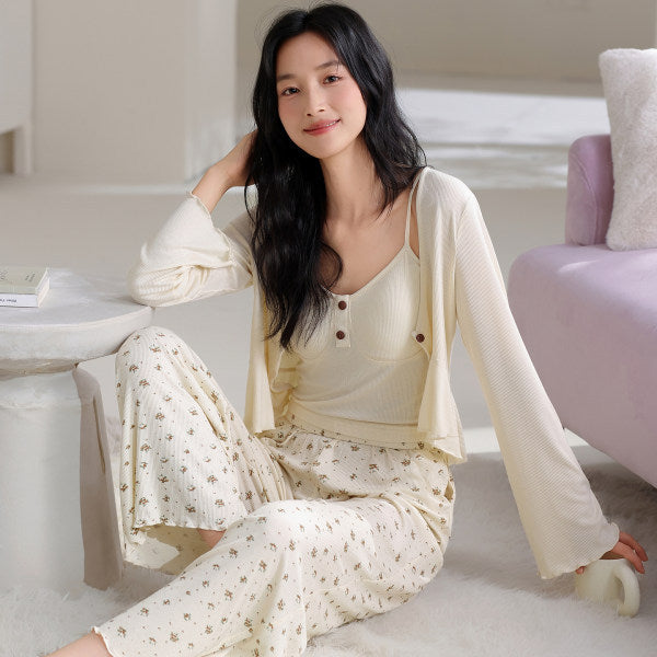Threaded Colored Cotton Bra-padded Camisole Three-piece Set