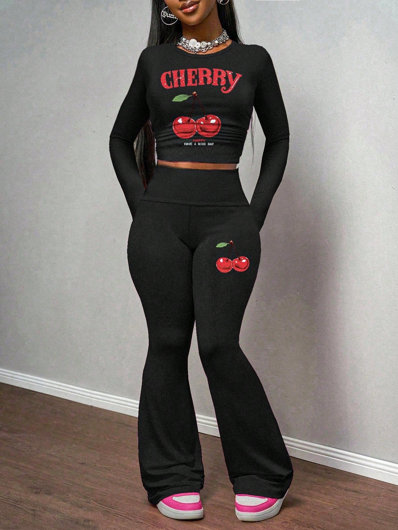 Sporty Retro Printed Stretchy Minimalist Long Sleeve Top And Pants Set For Women