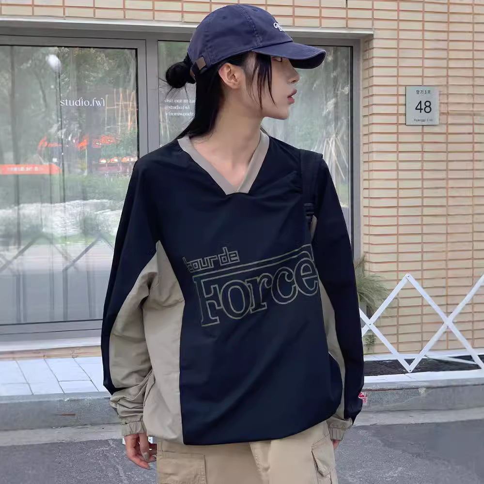 Kontrastfarvet Retro Nylon V-hals Langærmet i Koreansk Stil